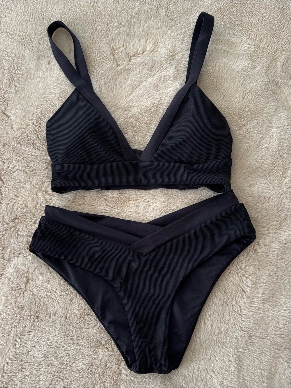 l*space Black Ribbed Bikini Set - V-Neck Two-Piece - Picture 1 of 3